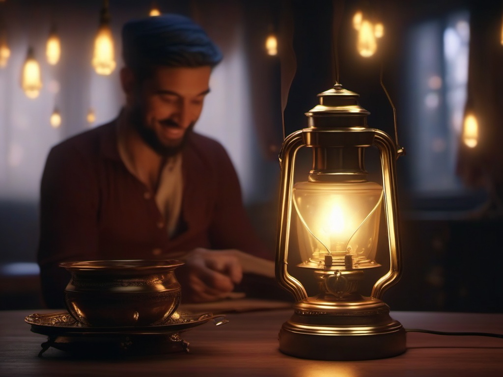 Antique lamp sparks to life, revealing a genie ready to grant wishes.  8k, hyper realistic, cinematic