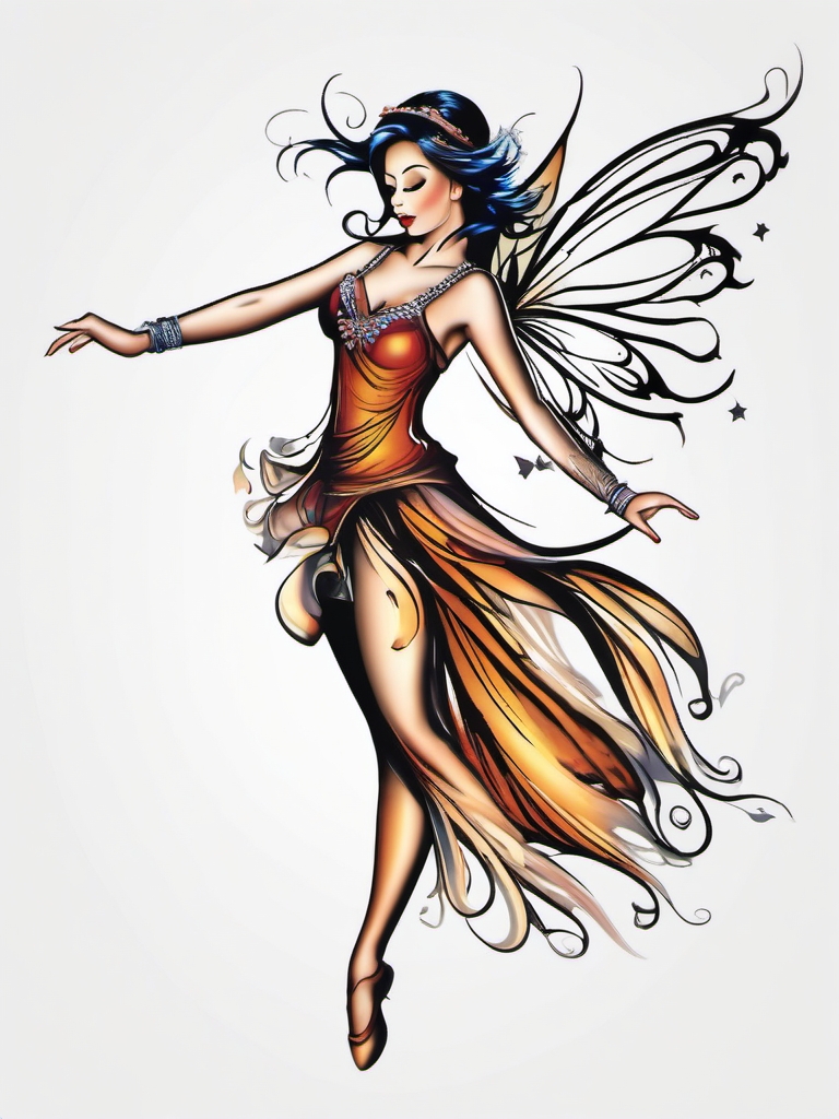 dancing fairy tattoo designs  simple color tattoo style,white background