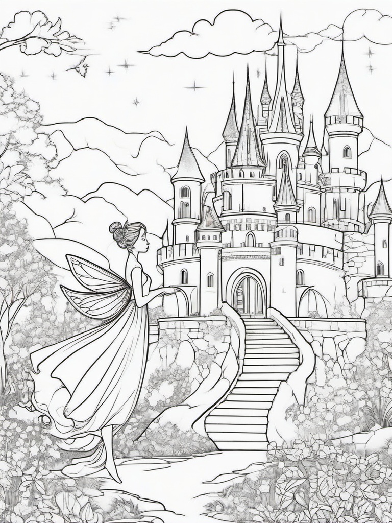 Fairy with an Enchanted Castle Coloring Pages - Fairy Flying Over a Mystical Castle  minimal black outline printable sheet, coloring page