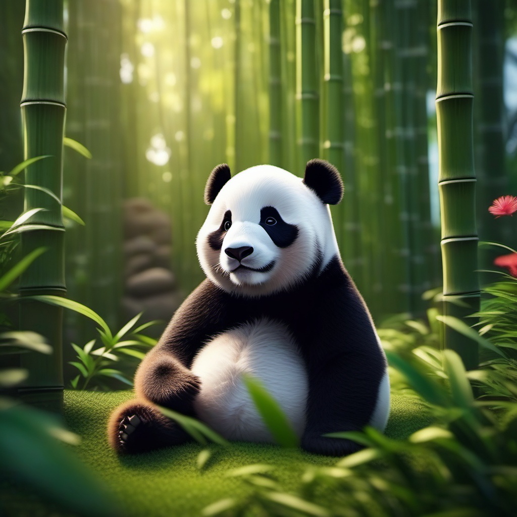 Cute Panda Finding Peace and Serenity in a Zen Bamboo Garden 8k, cinematic, vivid colors