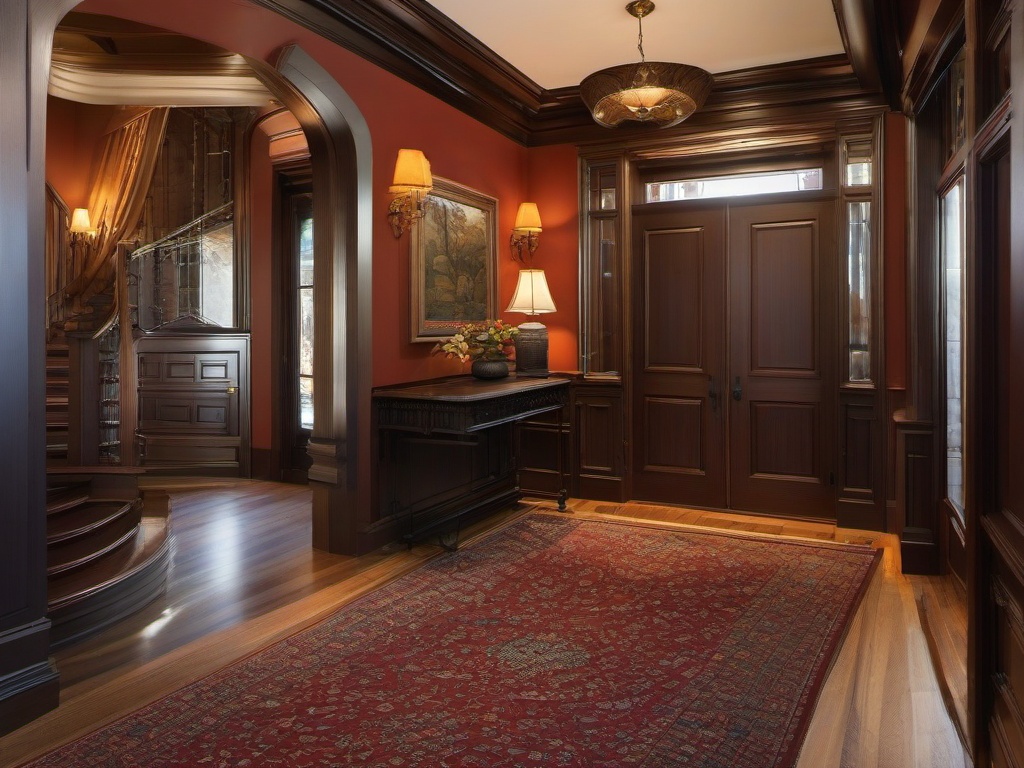 The foyer features Russian Revival interior design with intricate moldings, rich colors, and traditional art that invites guests into a warm and inviting home.  