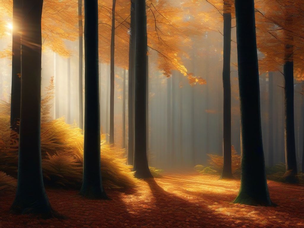 Thanksgiving Wallpaper-A peaceful autumn forest, with soft sunlight filtering through the trees, creating a serene Thanksgiving atmosphere.  aesthetic background wallpaper