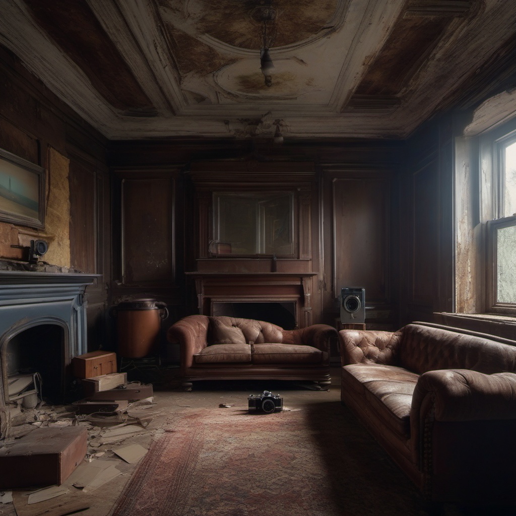 Vintage camera projects long-lost memories onto the walls of an abandoned house.  8k, hyper realistic, cinematic