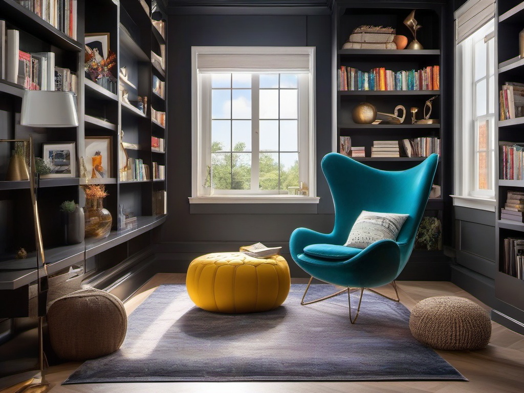 In the reading nook, cosmic chic interior design highlights a comfortable chair, cosmic-themed decor, and plenty of natural light, creating a perfect space for enjoying books and daydreaming.  