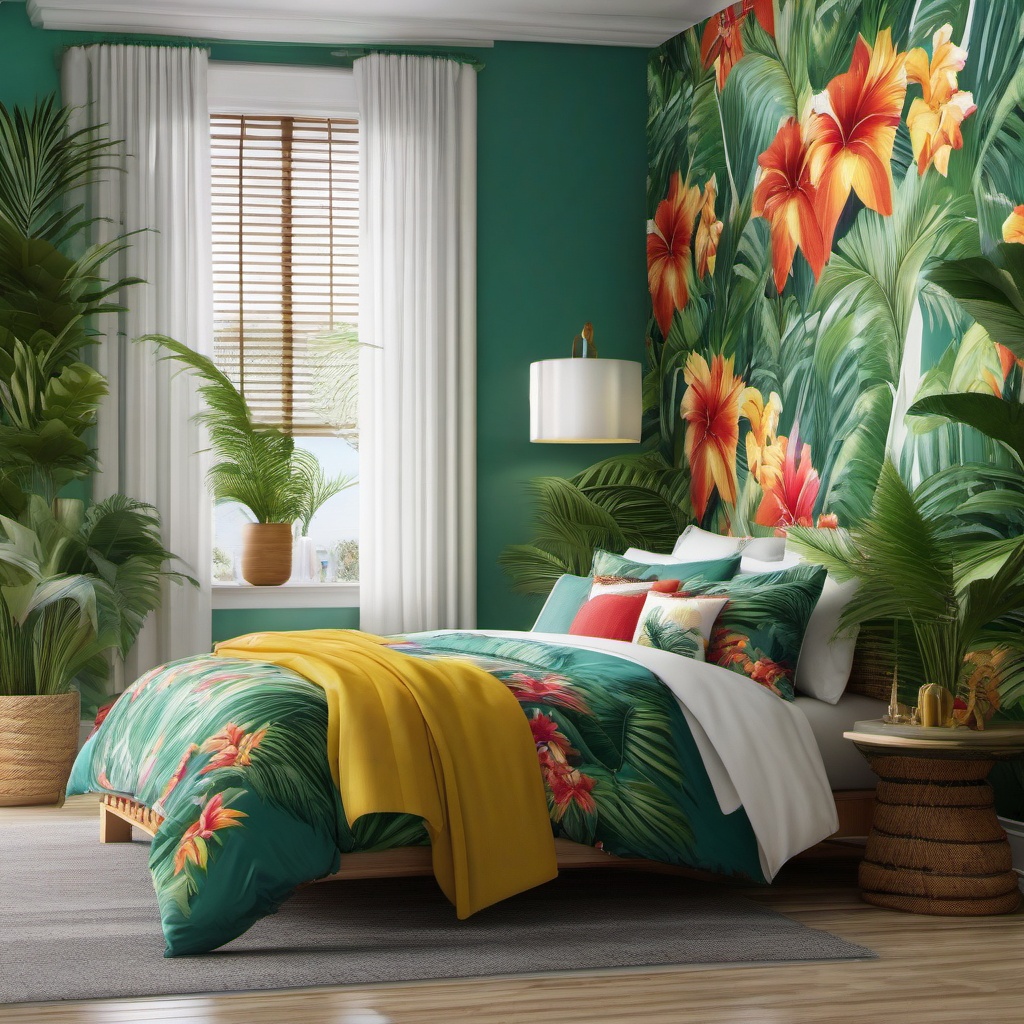 Tropical Paradise Bedroom - Transform your bedroom into a tropical island-inspired oasis. , bedroom interior decor design ideas, multicoloured, photo realistic, hyper detail, high resolution,