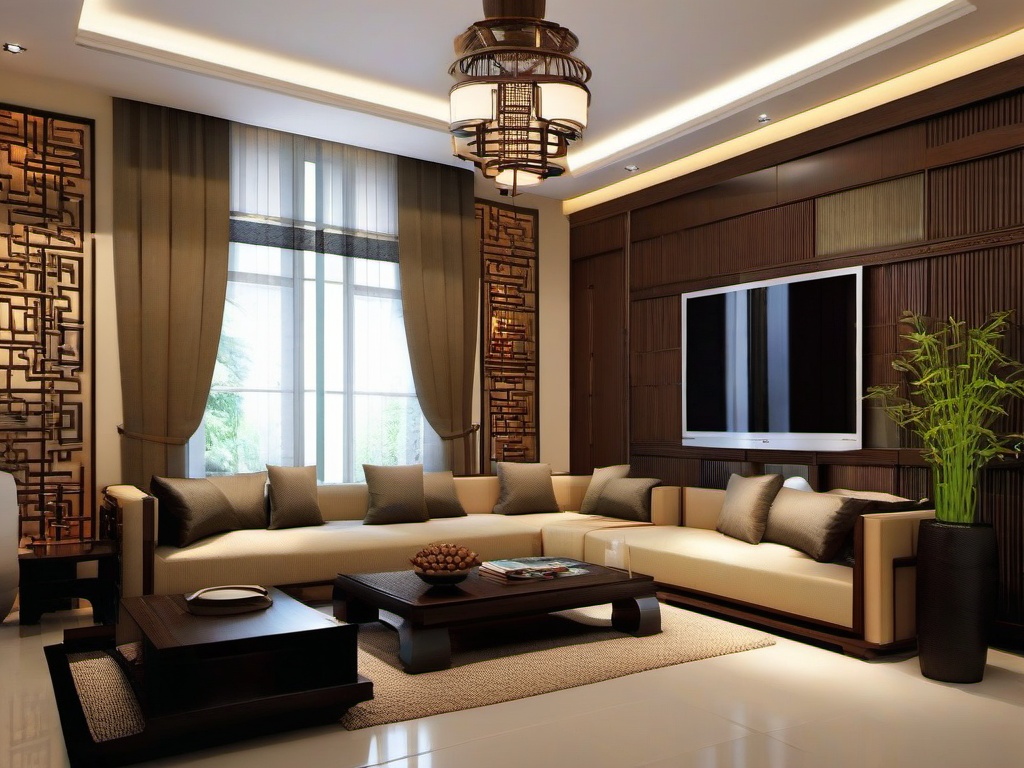 Asian Fusion living room blends modern furniture with bamboo accents and Eastern-inspired decor for a stylish cultural mix.  