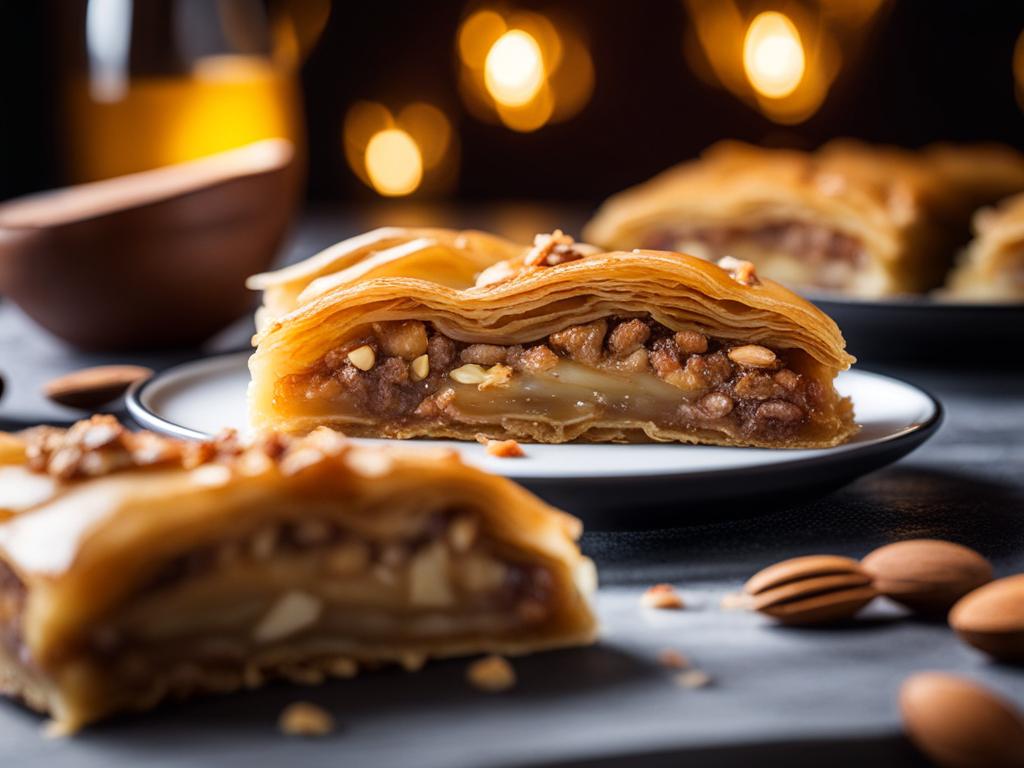 a slice of sweet and nutty baklava, made with layers of phyllo dough and honey. 