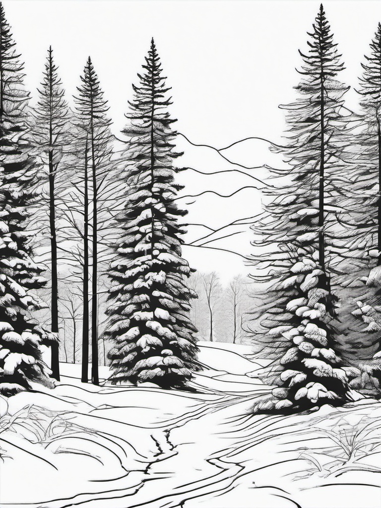 Winter Tree Coloring Pages - Snow-Covered Trees and Winter Forests  minimal black outline printable sheet, coloring page