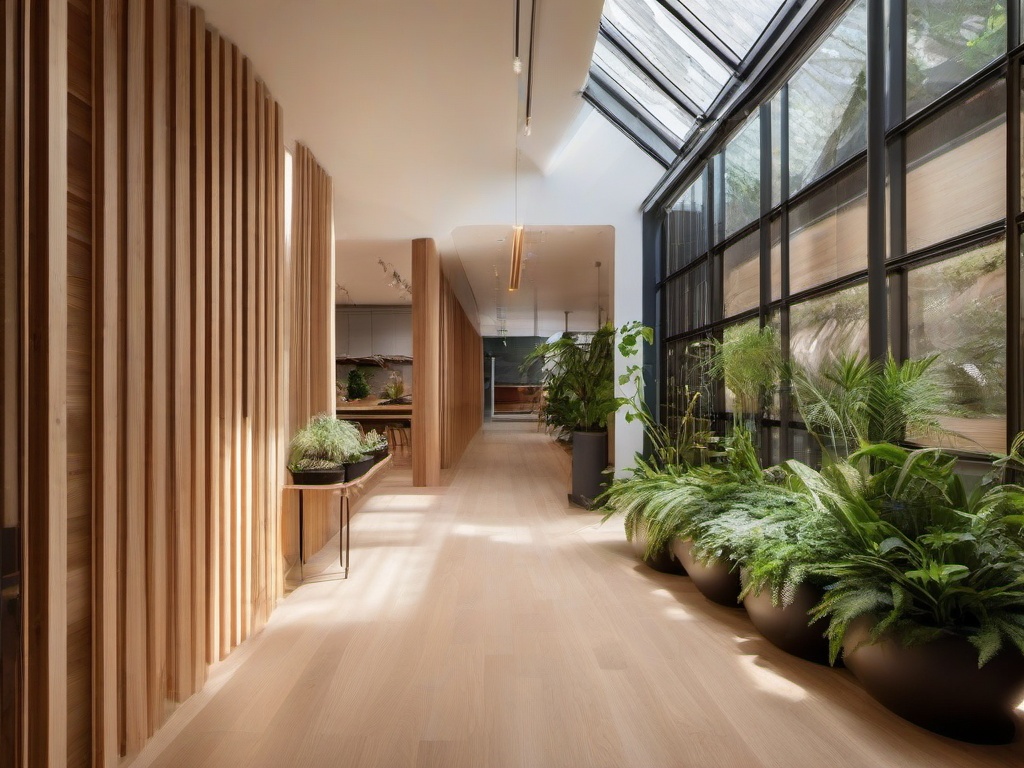 Biophilic interior design in the hallway showcases natural wood finishes, indoor plants, and skylights that invite light, making the passage feel open and connected to nature.  