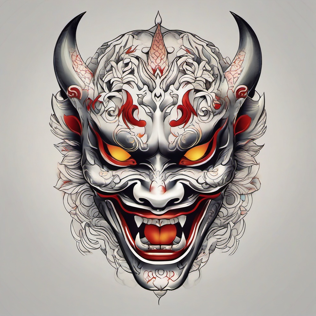 Hannya Tattoo Design-Creative and cultural tattoo design featuring a Hannya mask, capturing traditional Japanese and symbolic elements.  simple color tattoo,white background