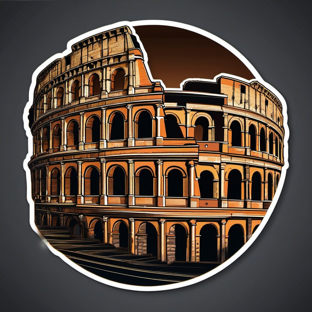 Colosseum Night sticker- Iconic Roman amphitheater illuminated at night, , sticker vector art, minimalist design