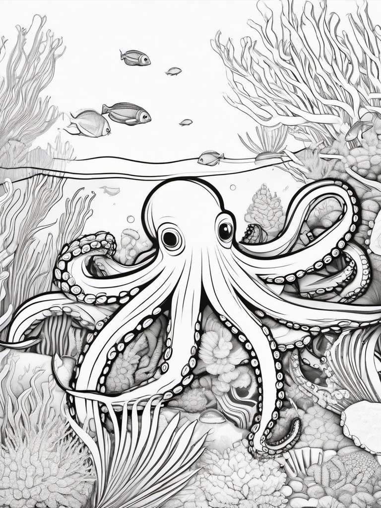 Octopus Coloring Pages - Octopus exploring a coral reef  simple coloring pages