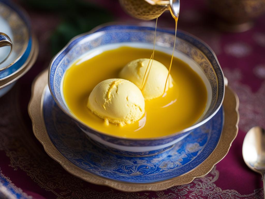 saffron ice cream, a persian specialty, relished at a tranquil tea ceremony in isfahan. 