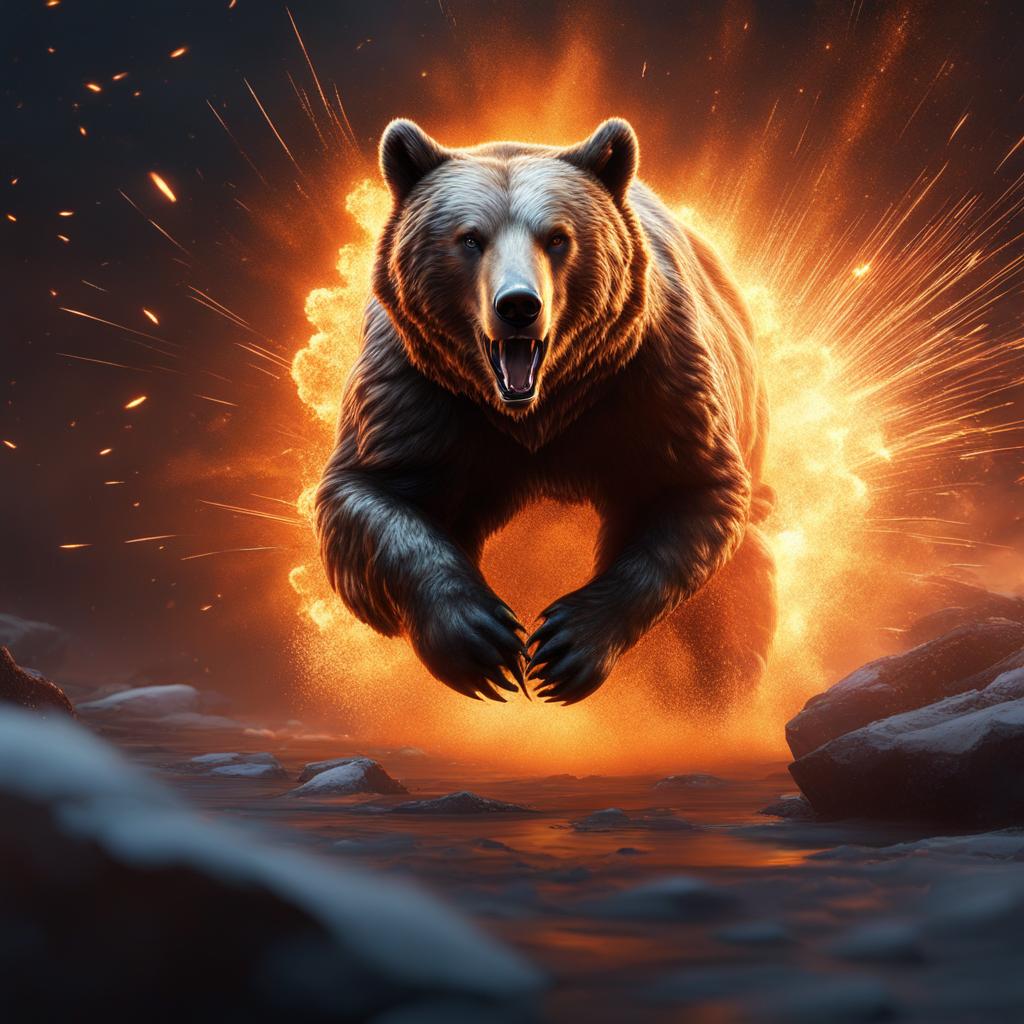 Stalking bear with sharp claws explosions around, 8k resolution, fantasy concept art, dynamic lighting, hyper and intricately detailed, deep liquid effects color, Unreal engine, volumetric lighting, orange and white complementary colours