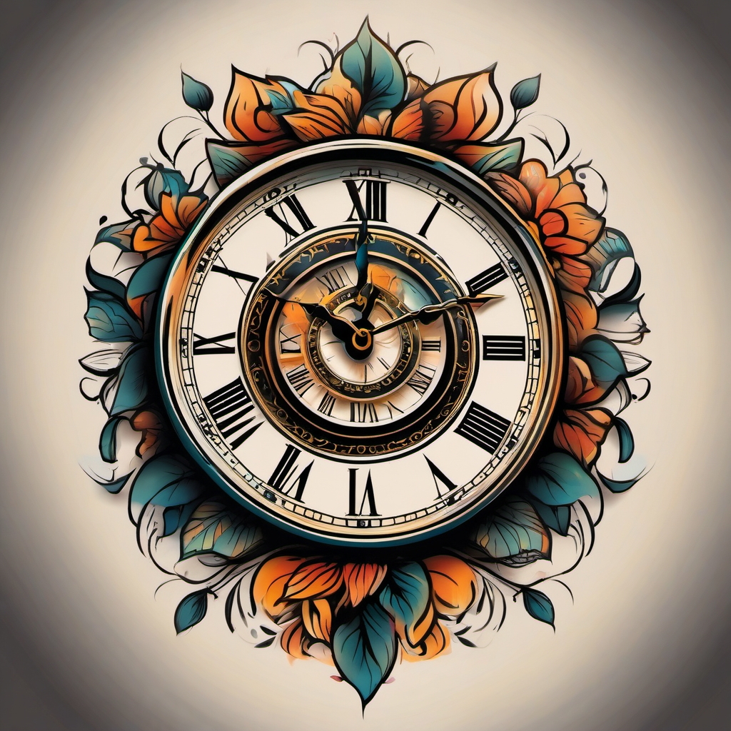 Clock tattoo: A masterpiece of time, reflecting the intricate dance of seconds.  simple color tattoo style