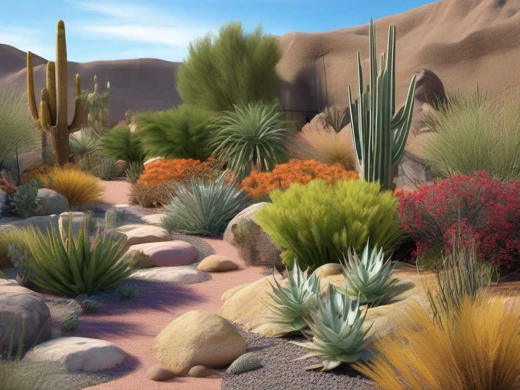 Desert Xeriscape Garden - Create a water-efficient xeriscape garden with desert plants. multicoloured, photo realistic, hyper detail, high resolution