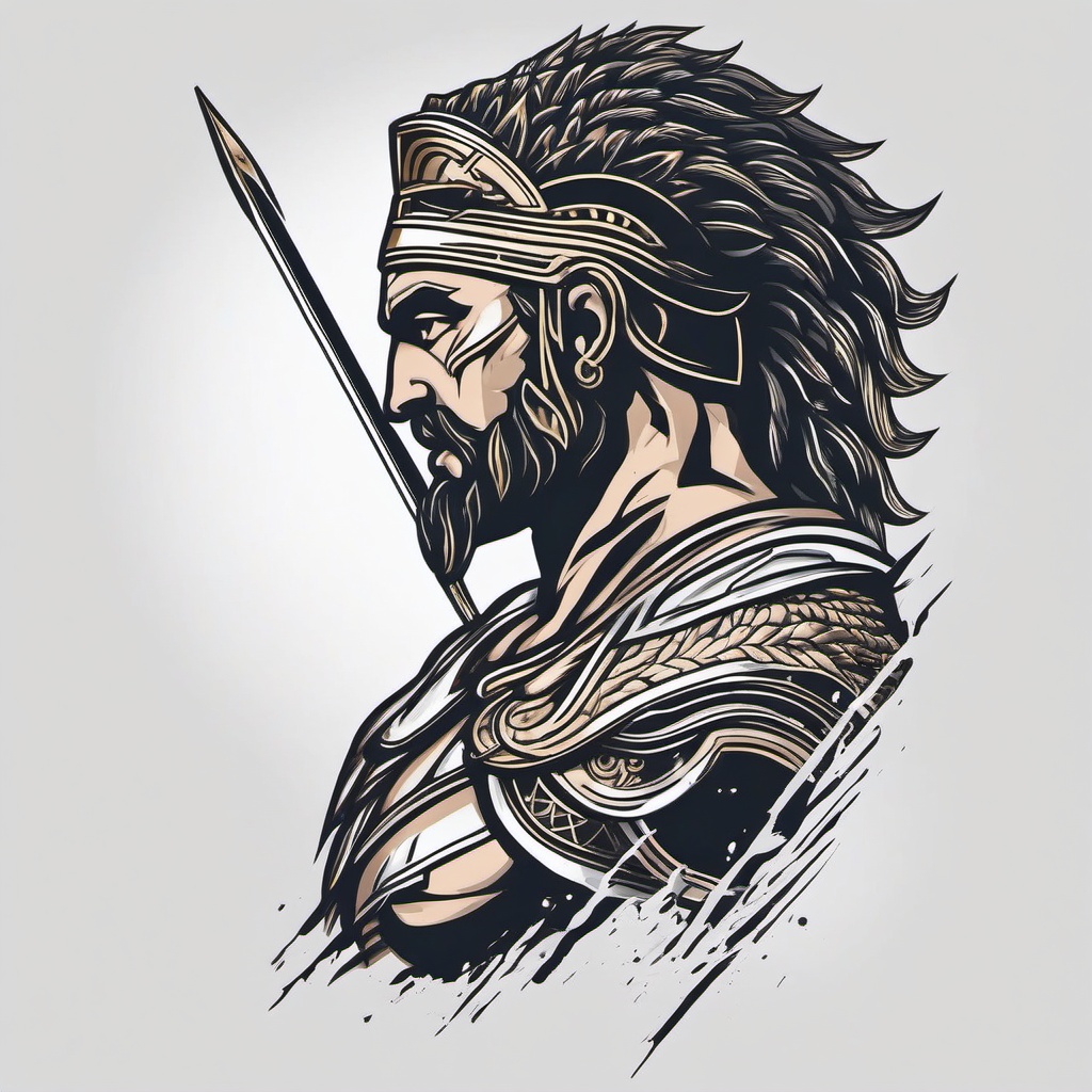 Achilles God Tattoo - Pay tribute to the legendary hero Achilles with a tattoo capturing his strength and bravery in Greek mythology.  simple color tattoo, white background