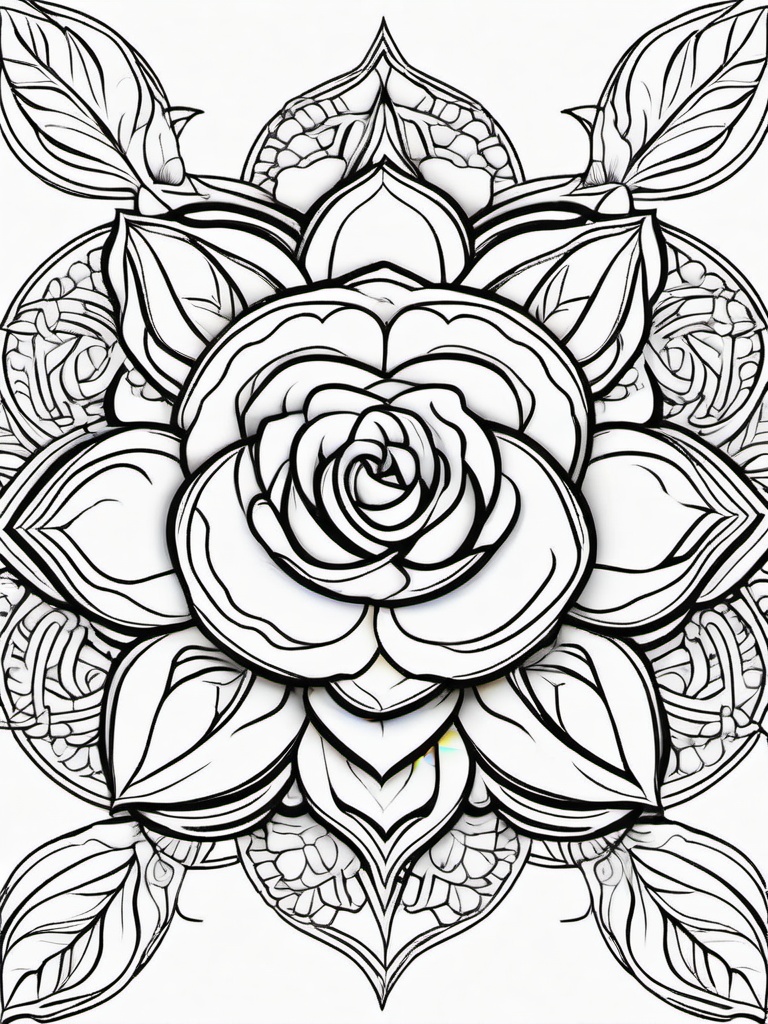 Rose Coloring Pages - Detailed rose and leaves in mandala style  simple coloring pages