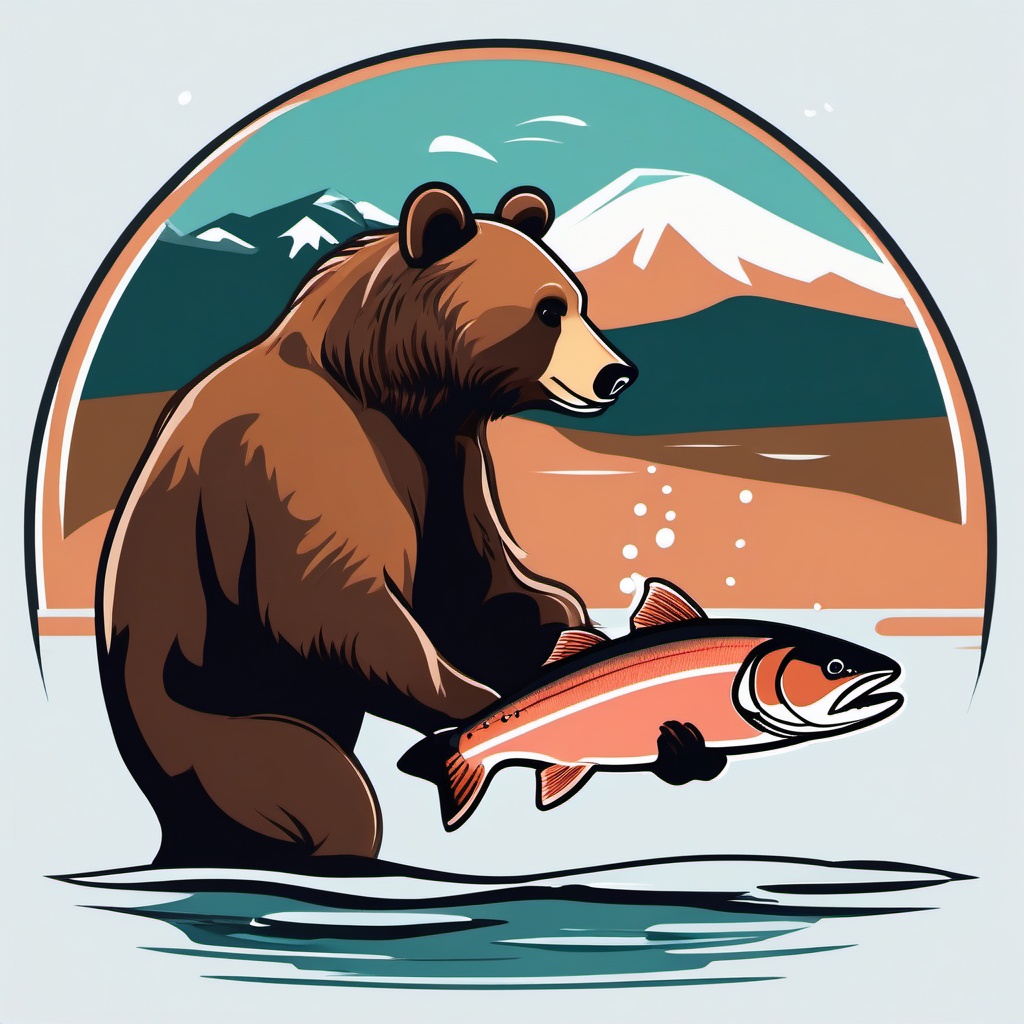 Brown Bear Fishing Clip Art - A brown bear catching salmon,  color vector clipart, minimal style