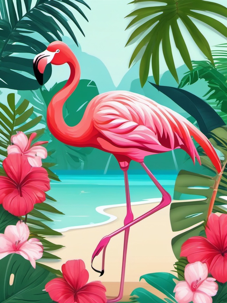 Cute Flamingo in a Tropical Haven  clipart, simple