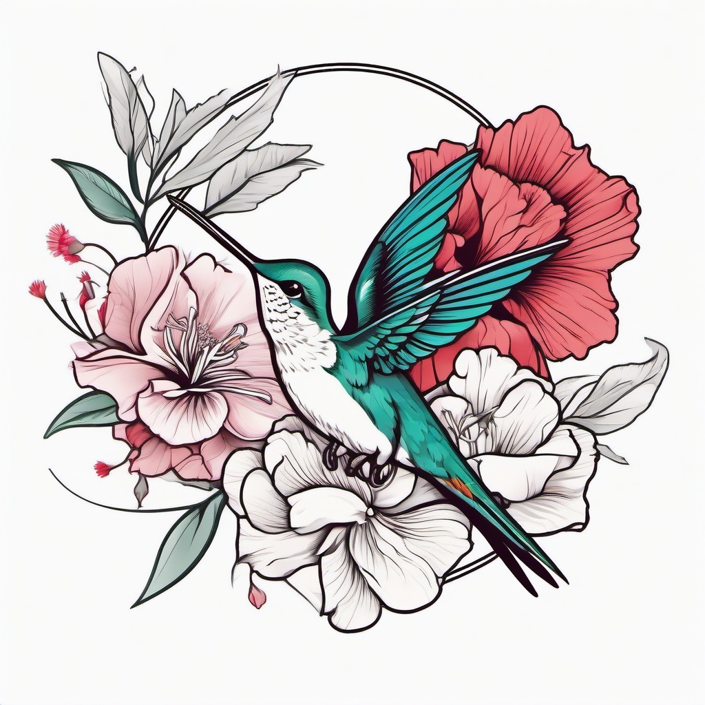 Hummingbird and Carnation Tattoo,Celebration of beauty and life in a tattoo featuring hummingbirds and carnations, a harmonious and uplifting choice.  simple color tattoo,minimal vector art,white background