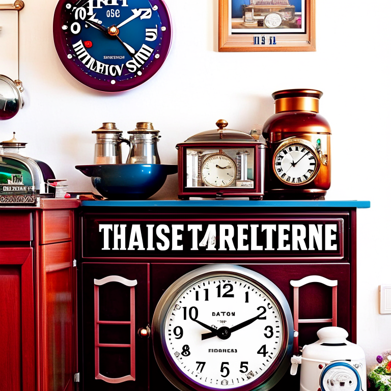 time traveler's kitchen with vintage appliances and a time machine clock. 