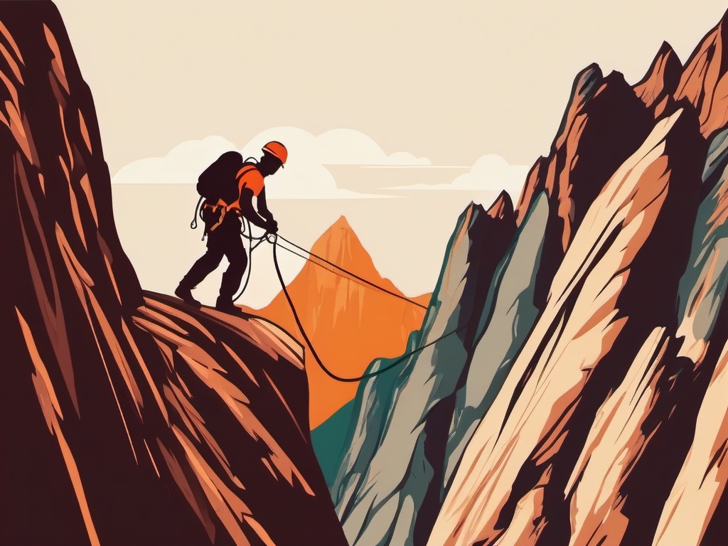 Mountain Climbing Descent Rappelling Clipart - Climbers rappelling down a mountain.  color vector clipart, minimal style