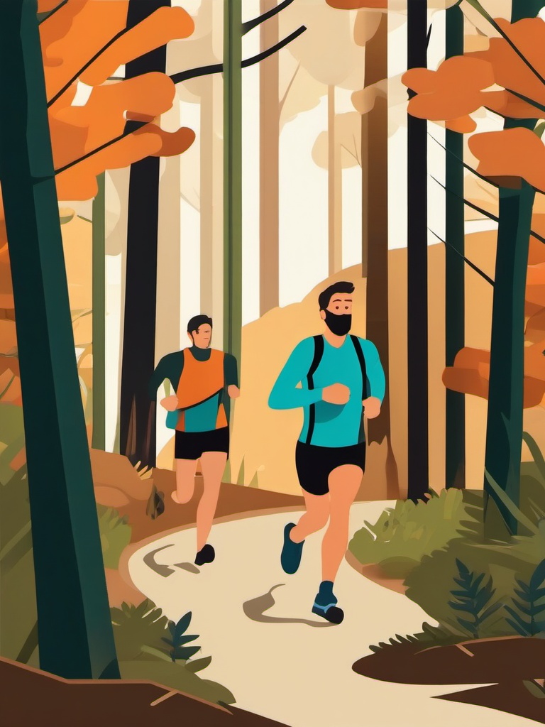 Trail Running through the Woods Clipart - Trail runners in a wooded area.  color vector clipart, minimal style