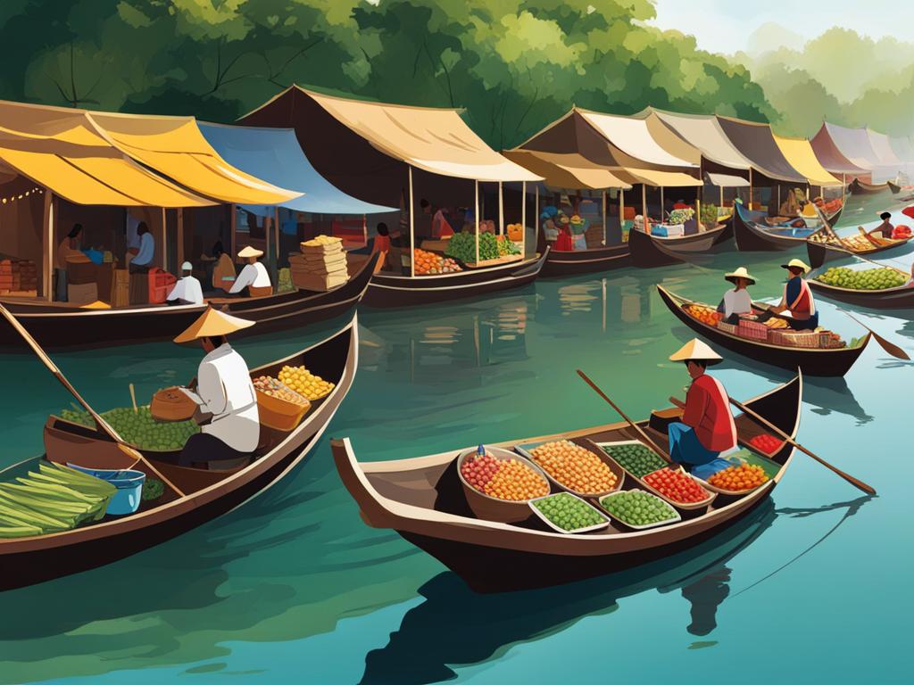 floating market - illustrate a bustling floating market with vendors and boats filled with goods. 