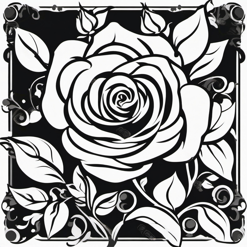 Rose Clipart Black and White,Illustrating a monochrome rose-themed mural with rose clipart black and white  simple, 2d flat