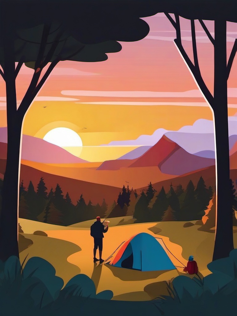 Camping Scene at Sunset Clipart - Campers enjoying a sunset in the wilderness.  color vector clipart, minimal style