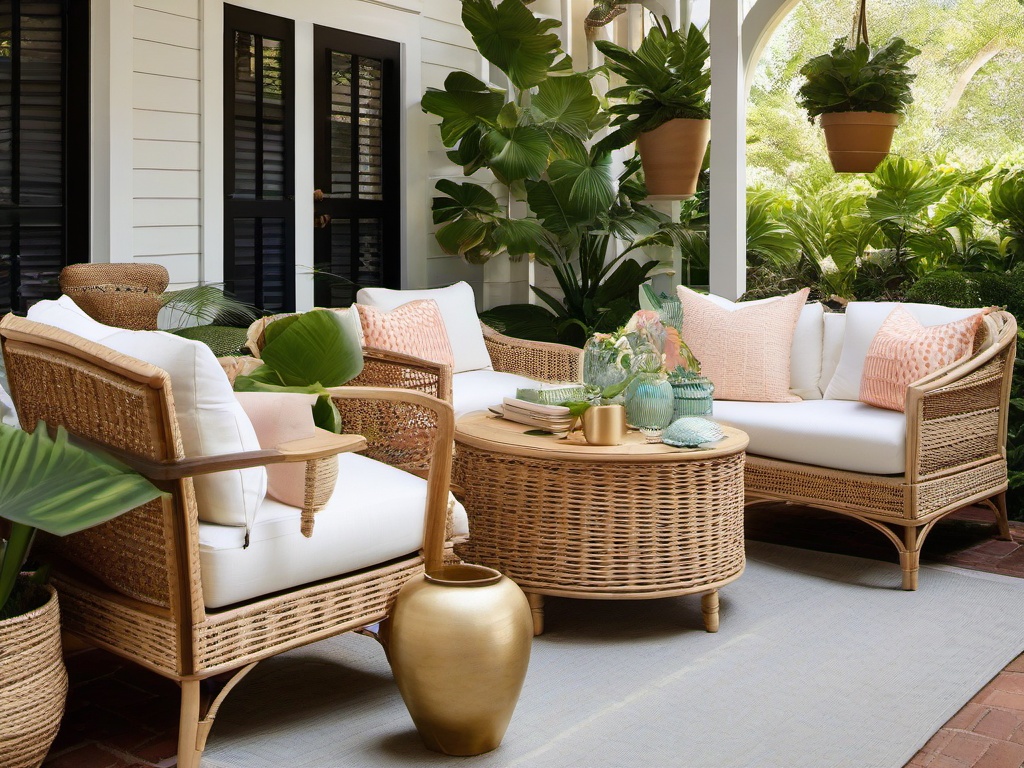 Tropical outdoor patio with Serena & Lily wicker furniture, Sunbrella water-resistant cushions, and Anthropologie lush potted plants.  