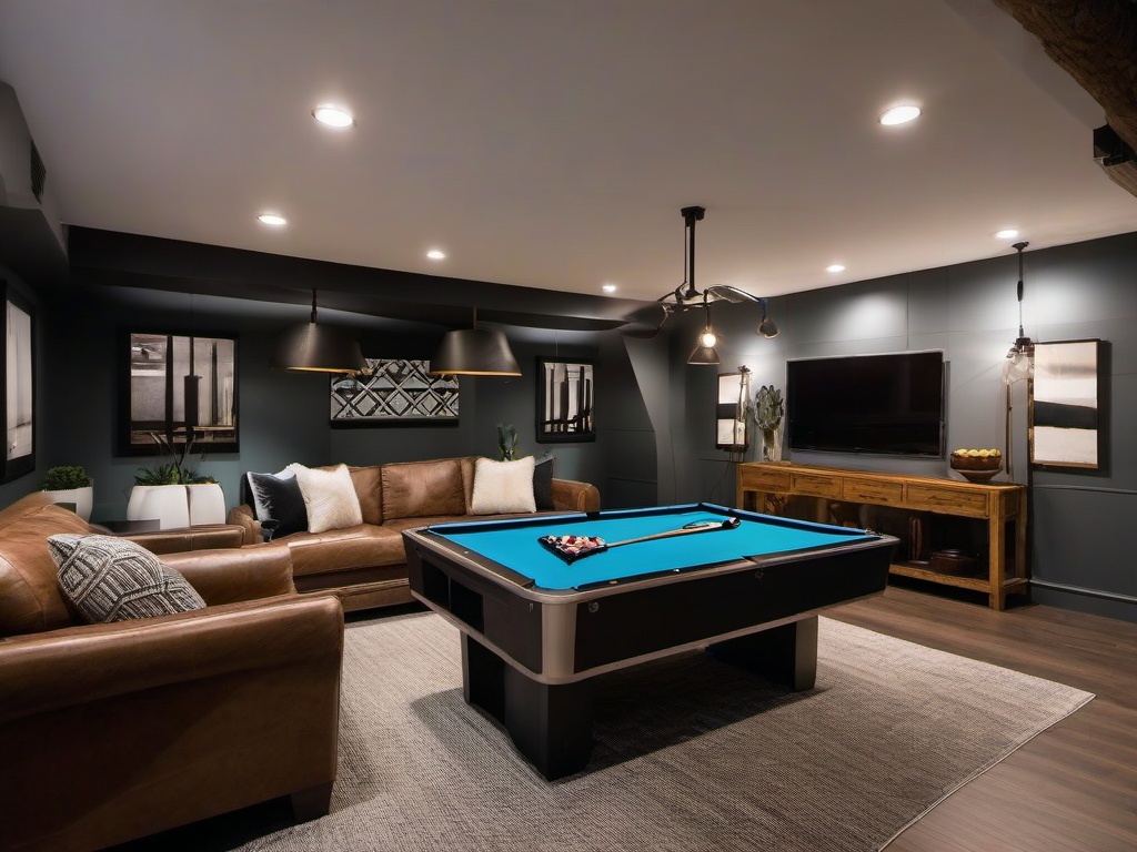 The basement highlights urban modern interior design with a mix of comfortable furnishings, industrial accents, and an open layout that creates a unique space for entertainment and relaxation.  