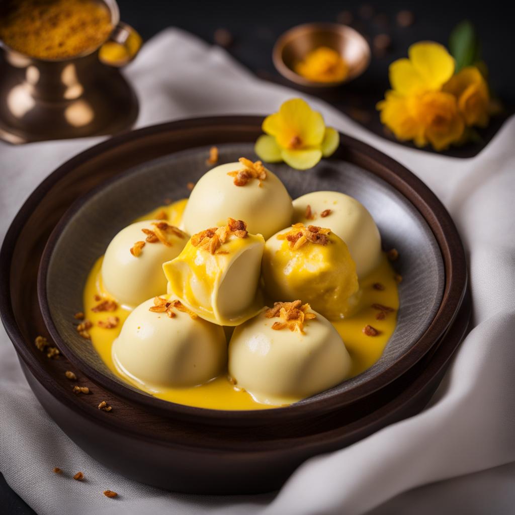 rasmalai, soft cheese dumplings soaked in sweet, saffron-flavored milk. 