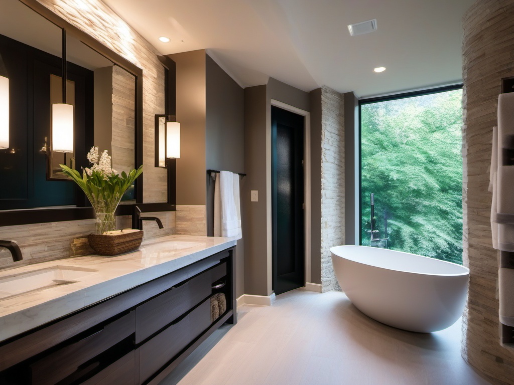 Bathroom Ideas - Luxurious spa-like bathroom with modern fixtures and natural stone. realistic, professional photography, bokeh, natural lighting, canon lens, shot on dslr 64 megapixels sharp focus