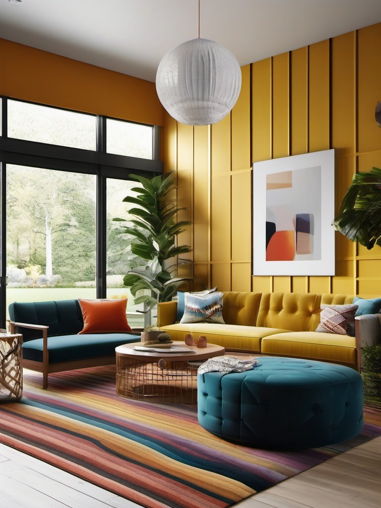 Geometric Modern Retreat - Design a modern living room with geometric patterns and shapes. , living room decor ideas, multicoloured, photo realistic, hyper detail, high resolution,