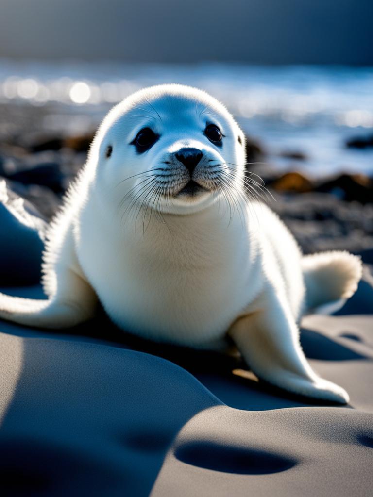 fluffy baby seal pup, basking on an icy beach. 