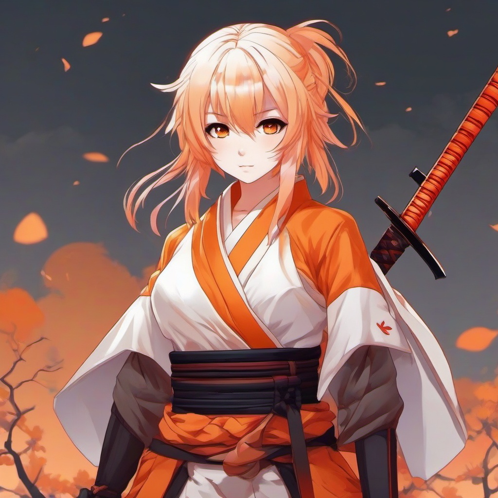 orange and white haired anime girl with samurai cloths and sword  front facing ,centered portrait shot, cute anime color style, pfp, full face visible