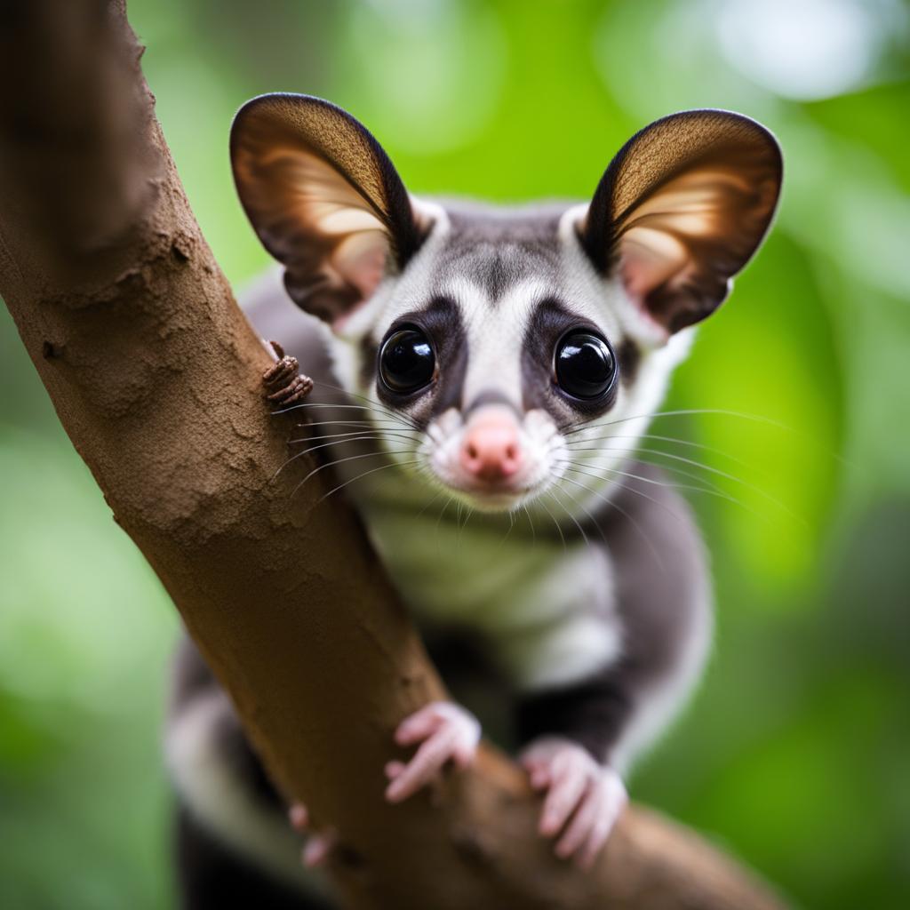 sweet sugar glider with big eyes, gliding through the forest canopy. 