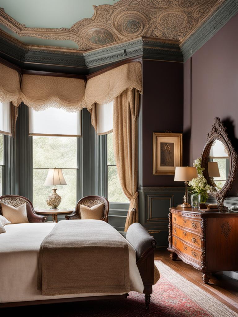 victorian bedroom with ornate details and vintage charm. 