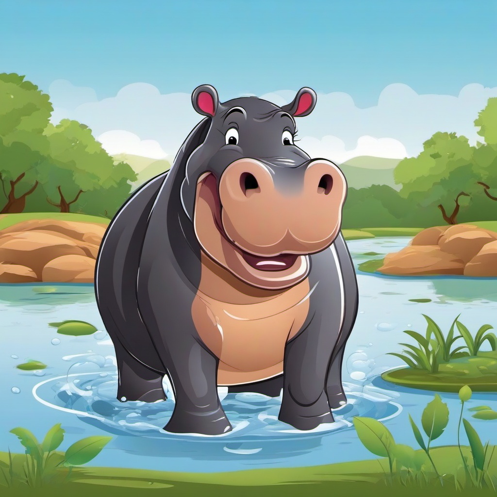 Hippopotamus cartoon - Hippopotamus soaking in a muddy river  