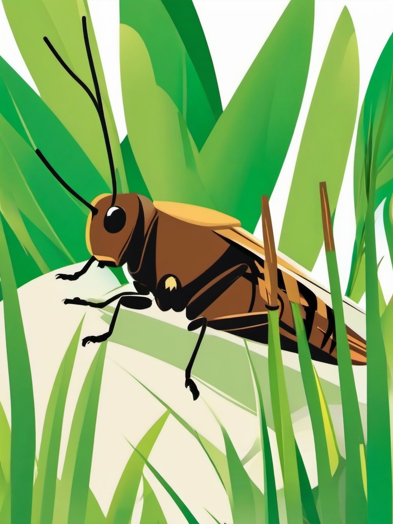 Cricket Clip Art - Chirping cricket hiding in the grass,  color vector clipart, minimal style