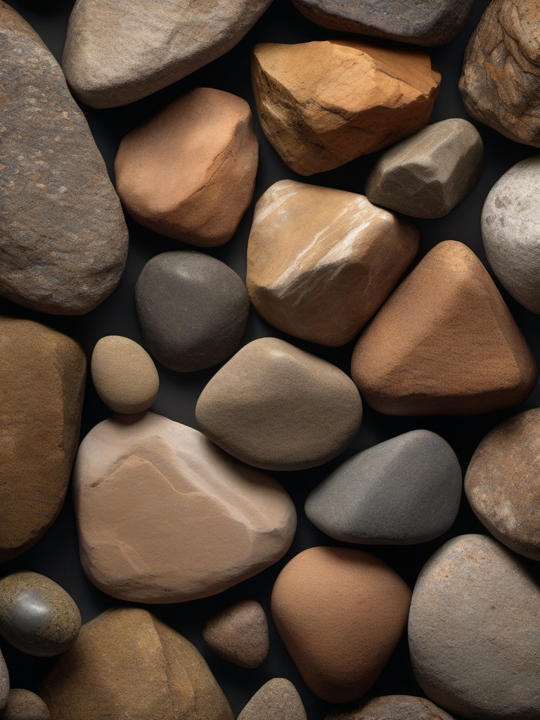 Rocks featuring an array of sizes and textures in earthy shades top view, product photoshoot realistic background, hyper detail, high resolution