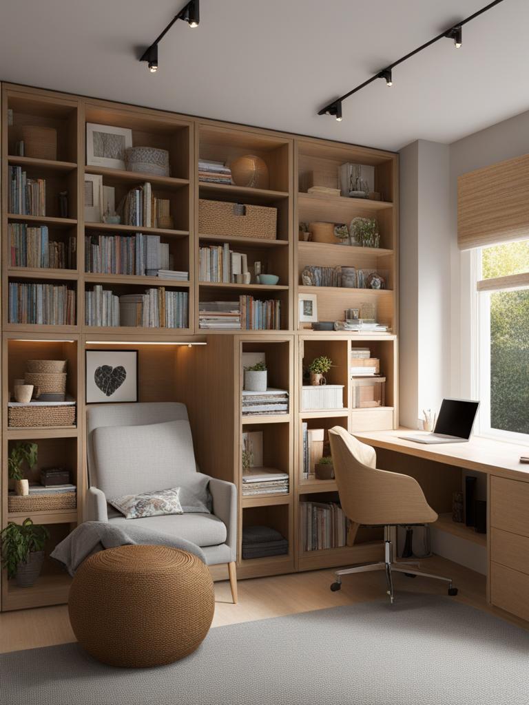 art studio with a wall of storage and a cozy reading corner. 