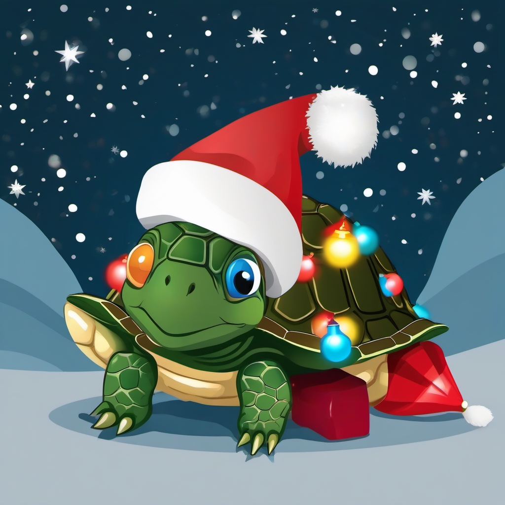 Christmas Turtle - Adorned with a Santa hat and tangled in festive lights, the Christmas turtle spreads holiday cheer.  vector art, clipart, minimal