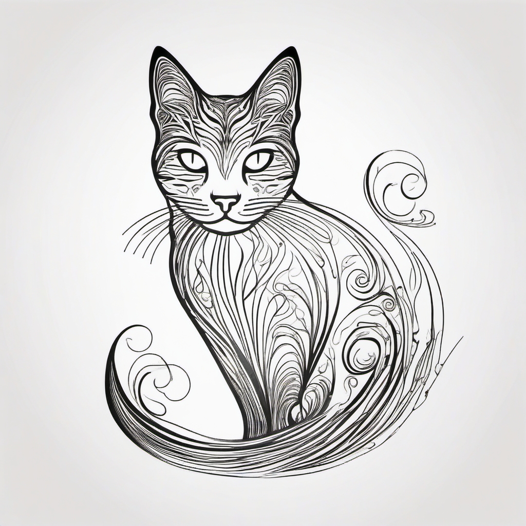 Abstract cat trails tattoo: Whimsical lines capturing the mysterious path of a cat.  color outline tattoo, white background