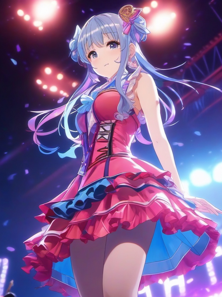 Kawaii anime idol and energetic idol performer, performing on a dazzling stage, captivating the audience with powerful and energetic songs, as a matching pfp for friends. wide shot, cool anime color style