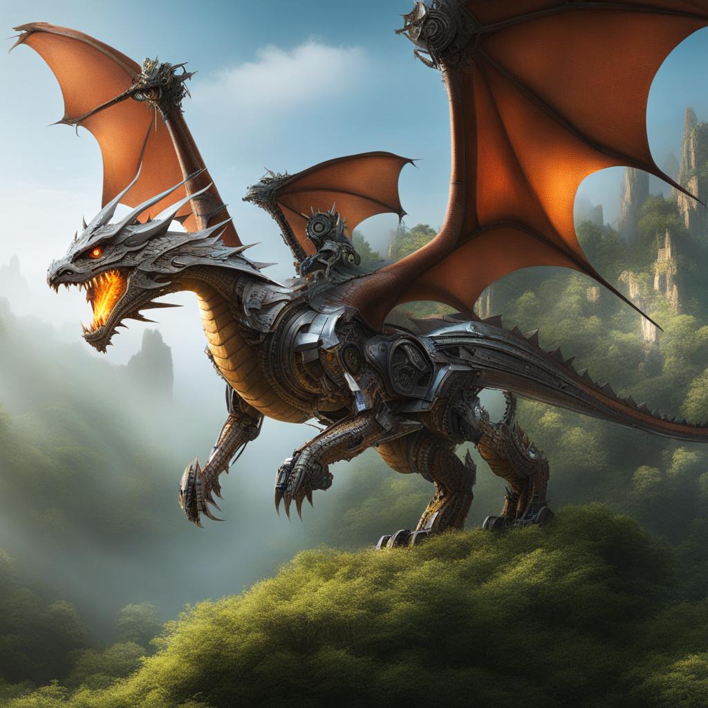 mechanical dragon patrolling a realm where technology and nature coexist, its robotic elements seamlessly integrated. 