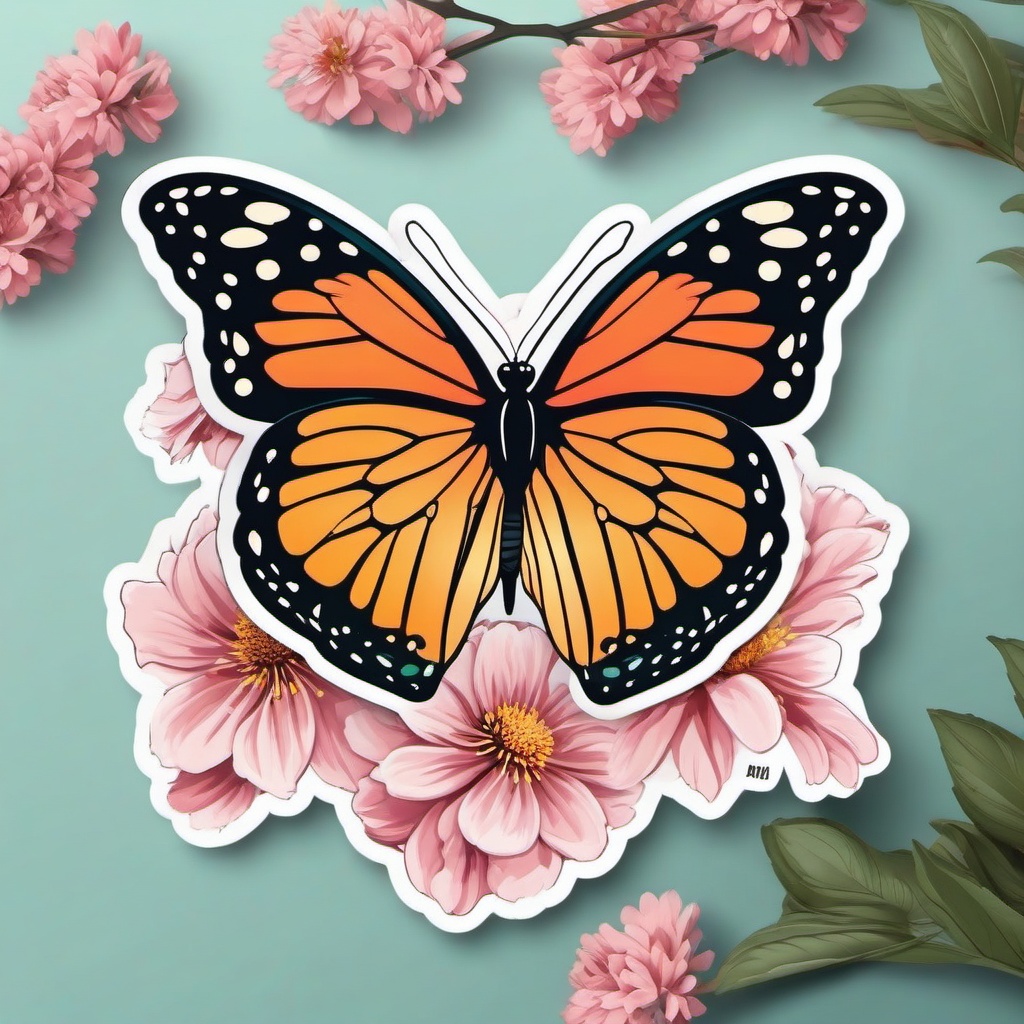 Butterfly and Blossoms Sticker - Butterfly near blooming flowers, ,vector color sticker art,minimal