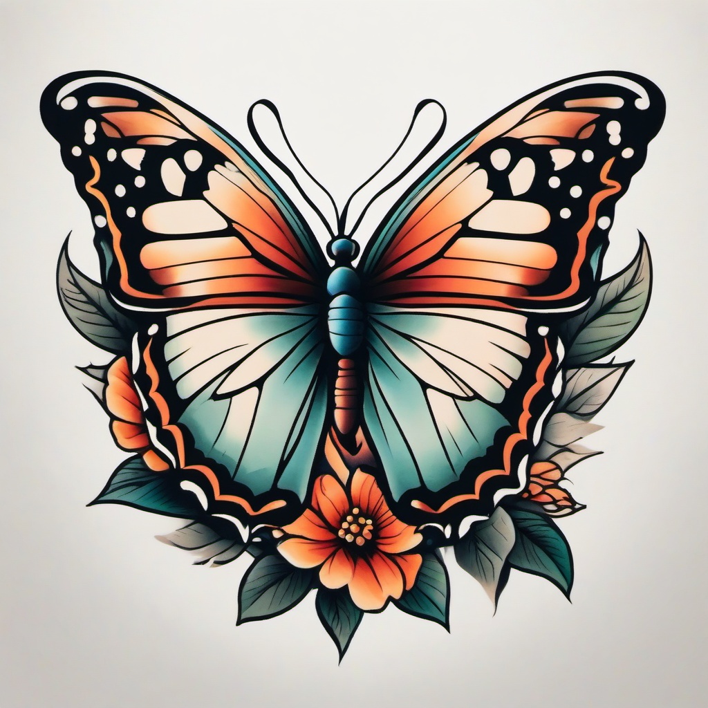 american traditional tattoo butterfly  simple color tattoo,white background,minimal